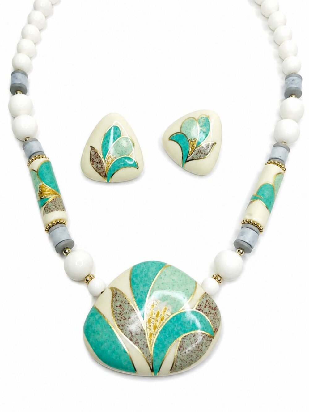 Japanese Pastel Enamel Necklace & Earrings Set Made in Japan NWT